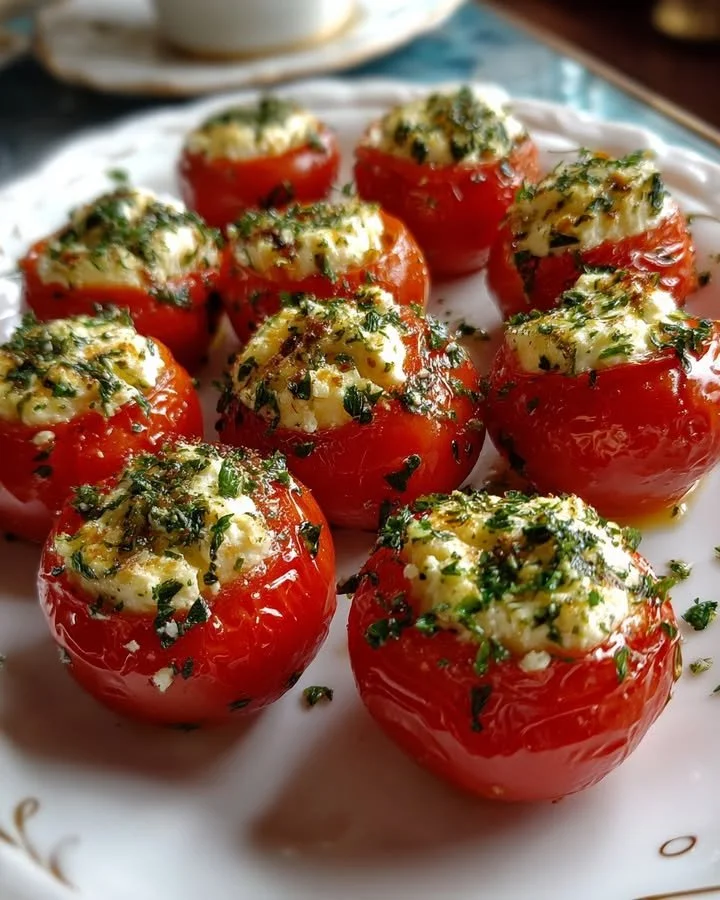 Herbed goat cheese stuffed cherry tomatoes on a platter