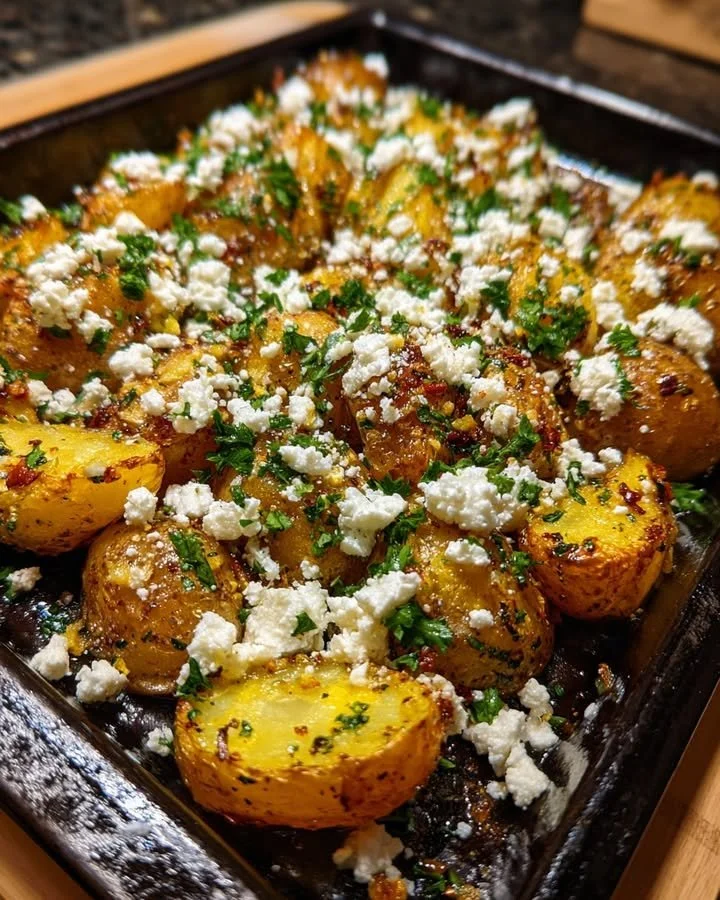 Herbed Greek roasted potatoes topped with crumbled feta cheese.