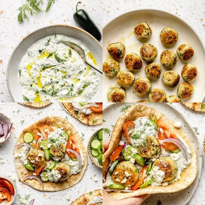 Herby chicken meatball pitas served with fresh vegetables in a pita bread