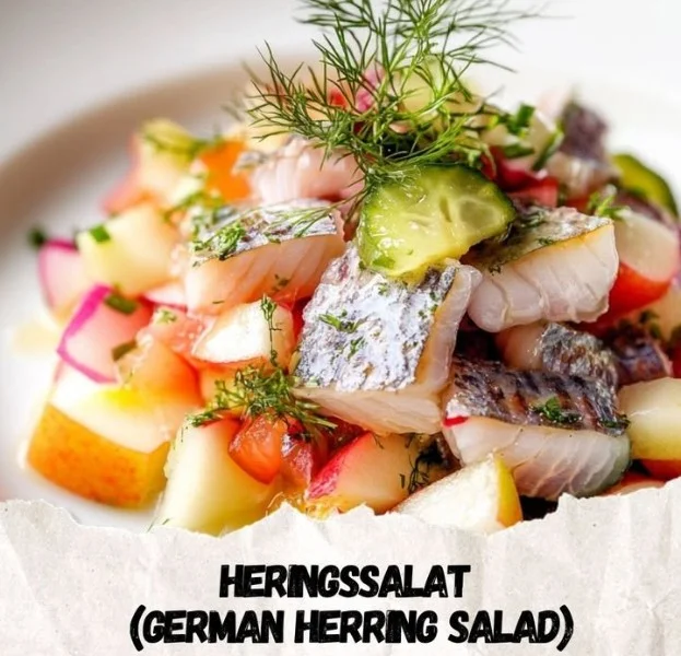 Freshly prepared Herring Salad with vegetables and dressing