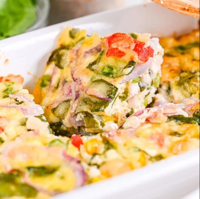 High protein breakfast casserole with eggs, veggies, and cheese