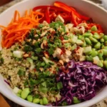 High Protein Thai Quinoa Salad with fresh vegetables and a tangy dressing