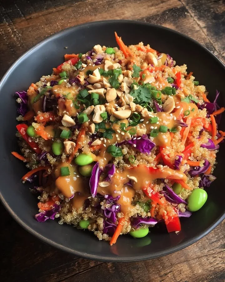 High Protein Thai Quinoa Salad with fresh vegetables and vibrant dressing
