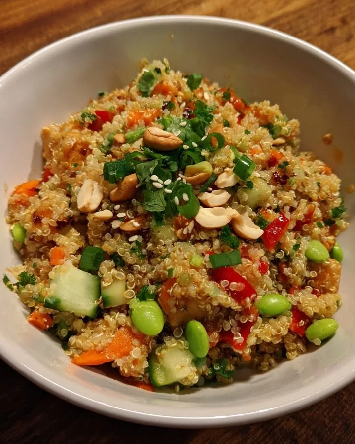 High Protein Thai Quinoa Salad with vibrant veggies and a zesty dressing.