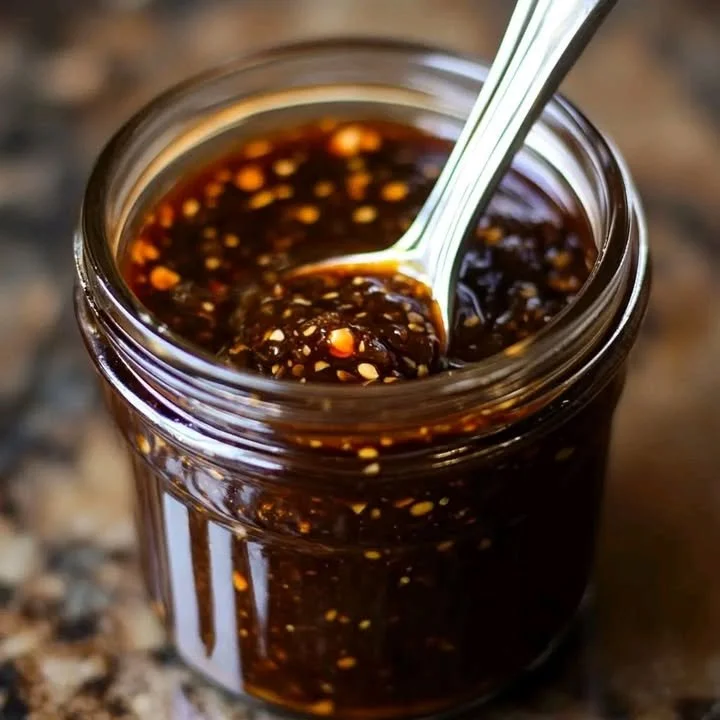 Bowl of Hoisin Sauce with chopsticks and fresh vegetables on a wooden table