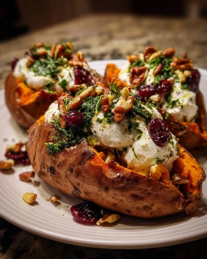 Holiday stuffed sweet potatoes with burrata, cranberries, and sage pesto