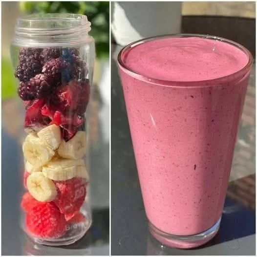 Homemade berry banana smoothie with vibrant berries and bananas in a glass