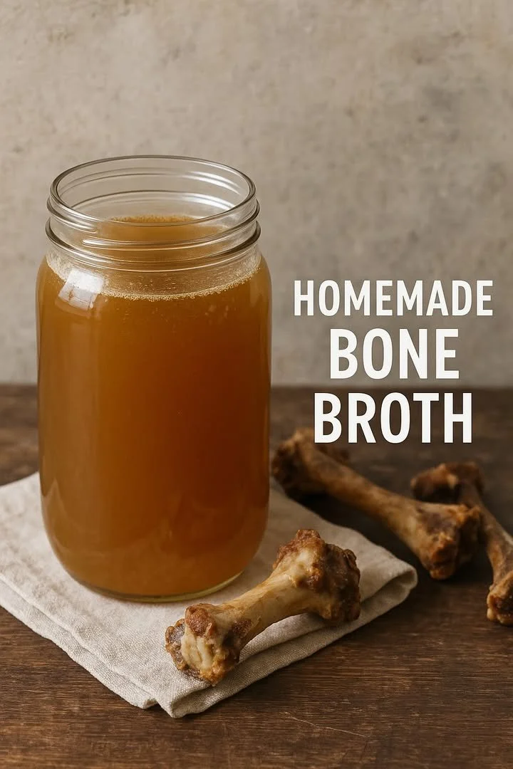 Bowl of homemade bone broth with herbs and vegetables