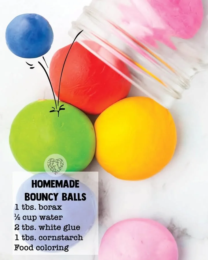 Colorful homemade bouncy balls displayed on a wooden surface.