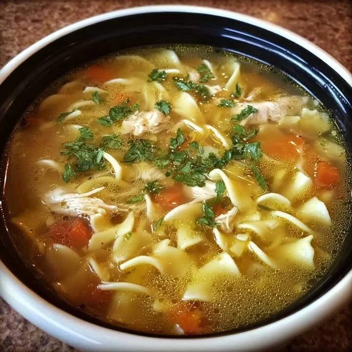 Bowl of homemade chicken noodle soup with fresh ingredients