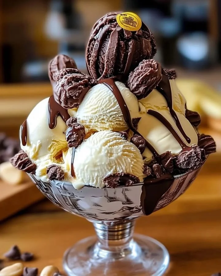 Delicious homemade moose tracks ice cream with fudge and peanut butter sauce