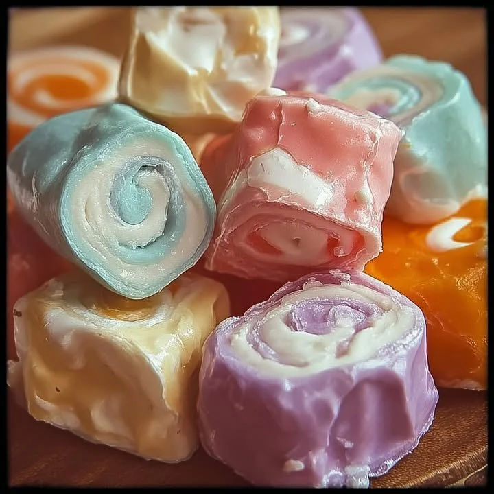 Homemade saltwater taffy rolls in various colors and flavors