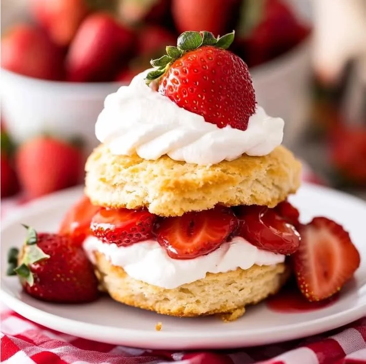 Delicious homemade strawberry shortcake with cream biscuits and fresh strawberries.