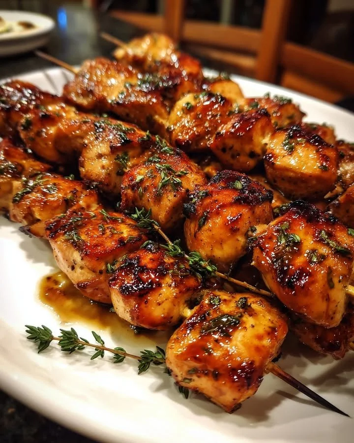 Honey balsamic chicken skewers garnished with fresh thyme.