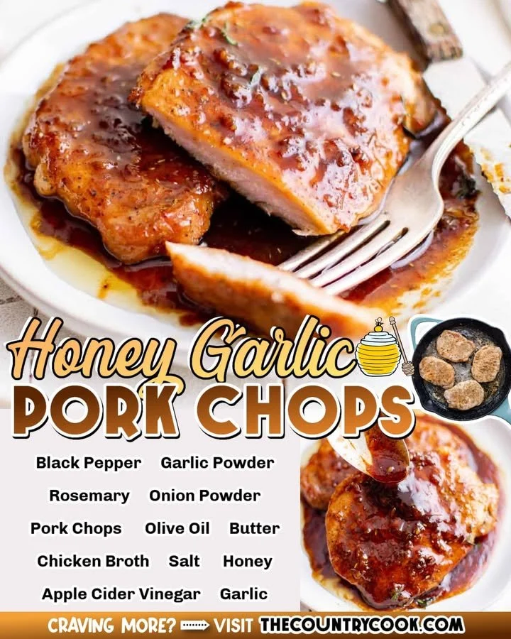 Juicy Honey Garlic Pork Chops garnished with fresh herbs on a plate.