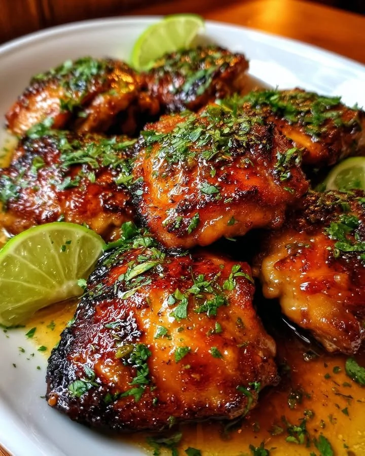 Honey-Lime Chicken Thighs garnished with lime and fresh herbs