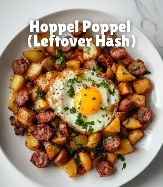 Delicious plate of Hoppel Poppel leftover hash with eggs and vegetables