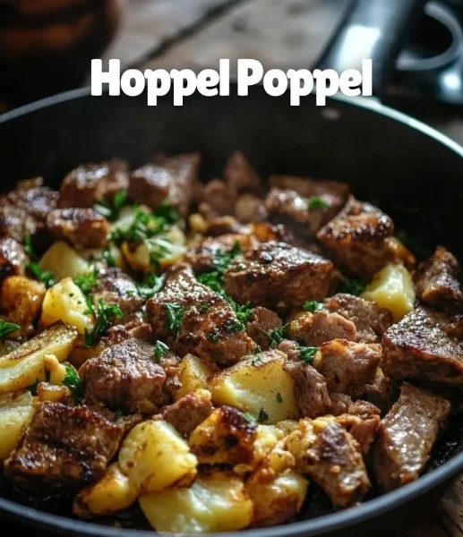 Hoppel Poppel pan-fried hash with vegetables and herbs served in a skillet