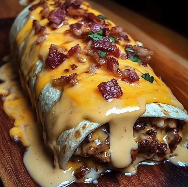 Huge bacon cheeseburger burrito topped with creamy cheese sauce on a plate.