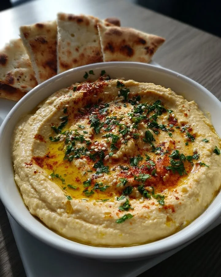 Delicious homemade hummus served with fresh vegetables and pita bread.
