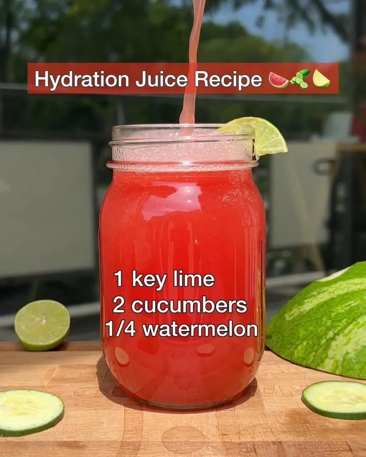 A refreshing glass of hydration juice surrounded by fresh fruits and vegetables.