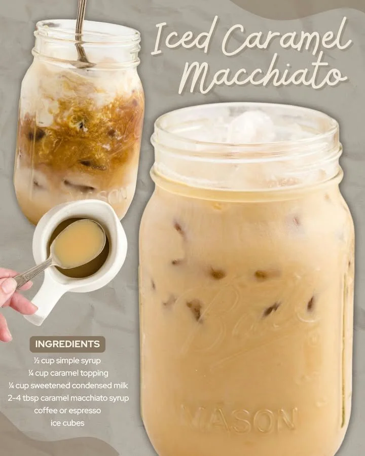 Iced Caramel Macchiato served in a glass with whipped cream and caramel drizzle