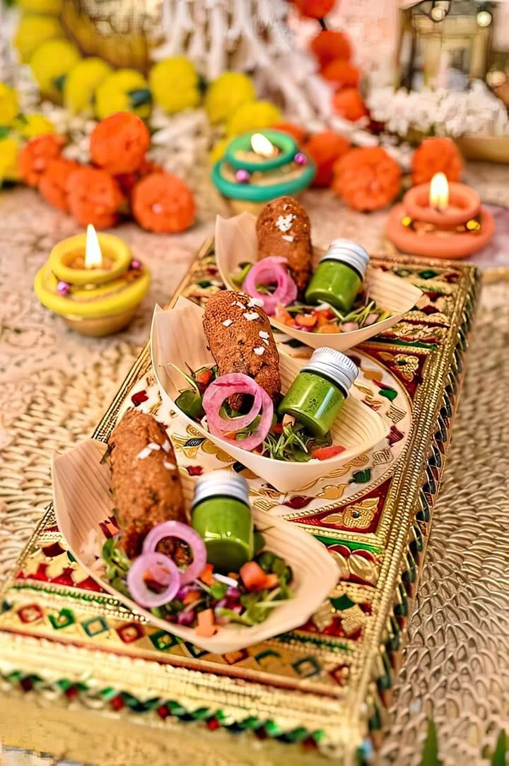 Plate of Indian vegetarian seekh kebab served with fresh green chutney
