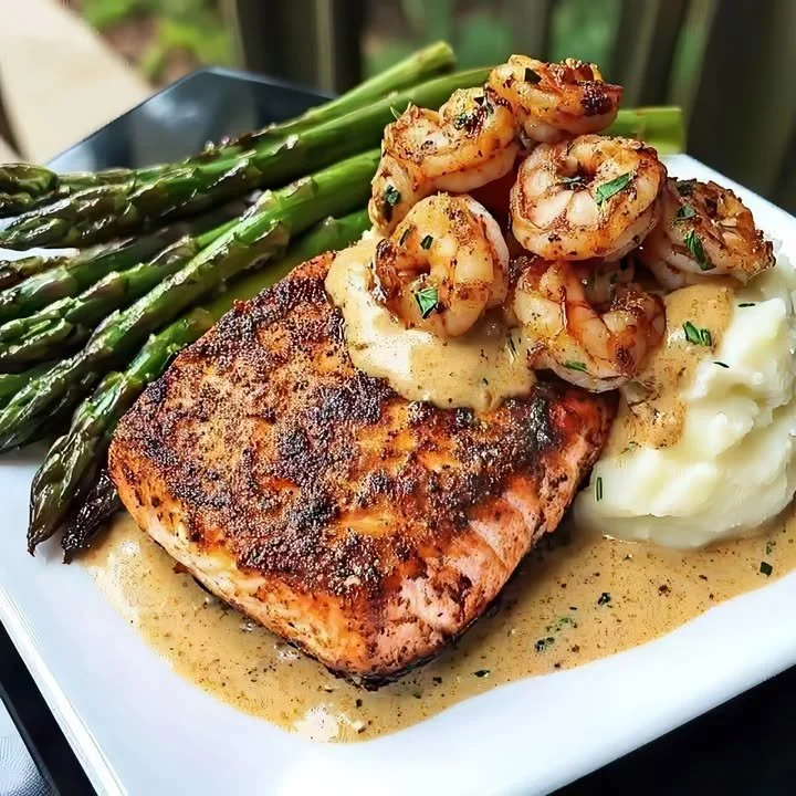 Delicious Salmon and Shrimp dish served on a plate with herbs and lemon