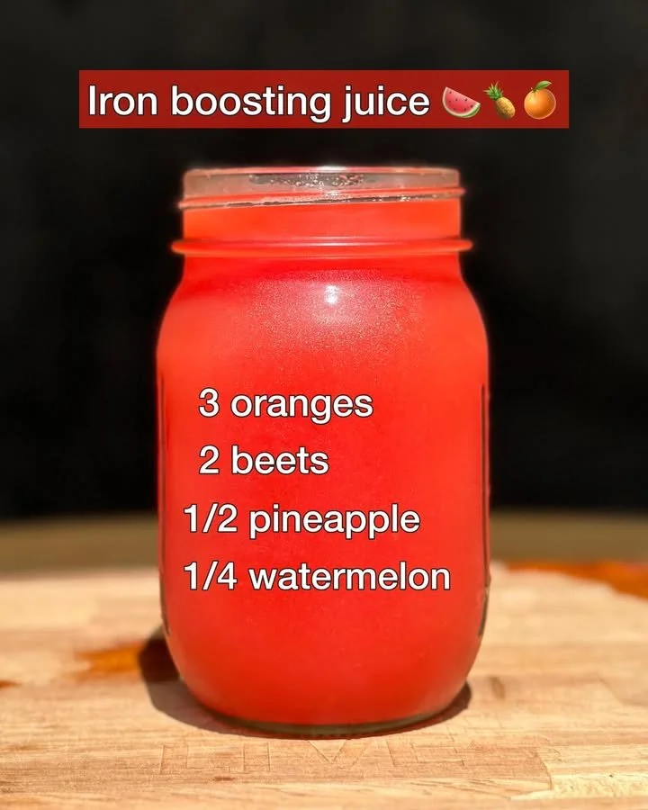 Iron boosting juice made with fresh fruits and vegetables for enhanced energy.