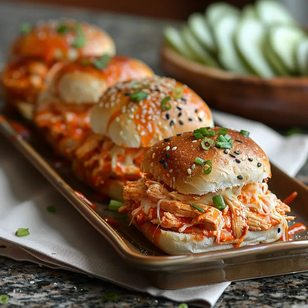 Plate of irresistible Buffalo Chicken Sliders garnished with celery and ranch dressing
