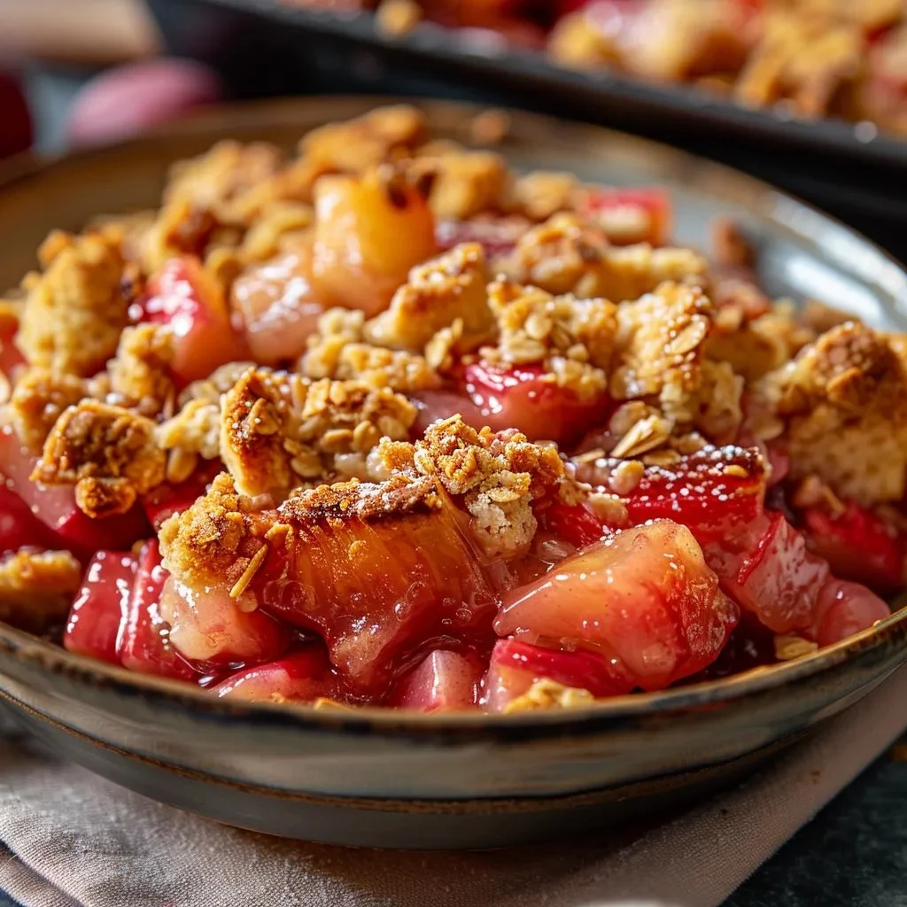Delicious rhubarb crisp dessert topped with a golden crumble.