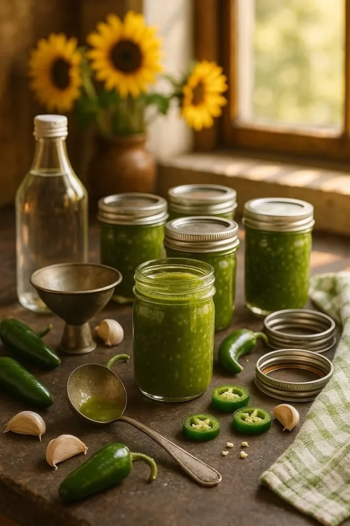 Bottles of homemade jalapeño hot sauce for canning.