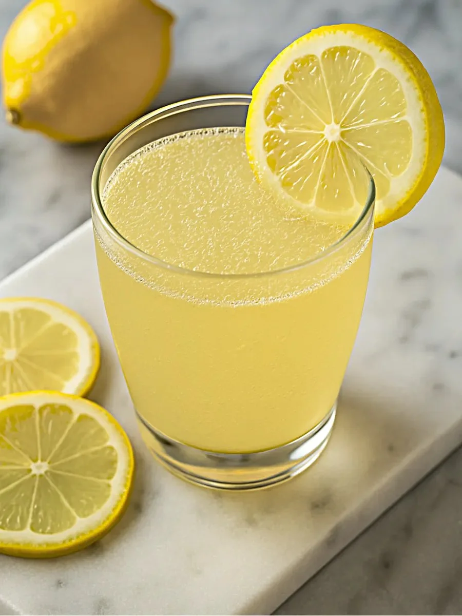 Japanese Pink Salt Drink in a glass with a slice of lemon