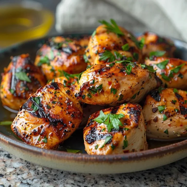 Juicy grilled chicken bites on a plate garnished with herbs