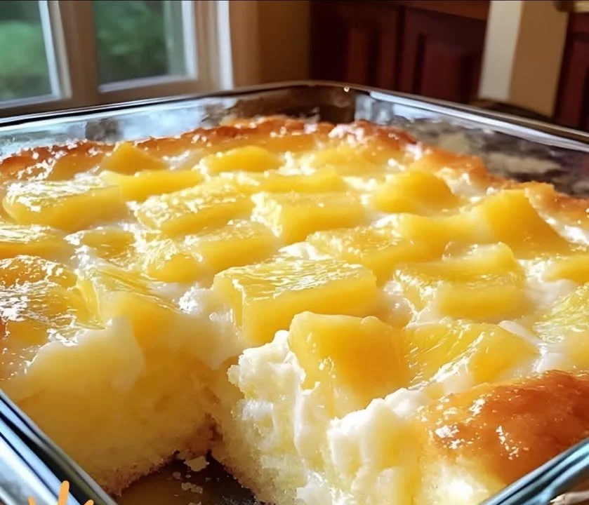 Delicious Juicy Pineapple Heaven Cake topped with fresh pineapple slices
