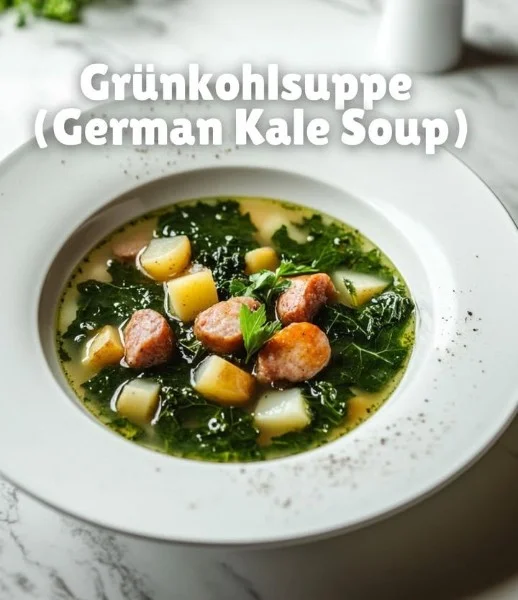 Bowl of healthy kale soup garnished with fresh herbs