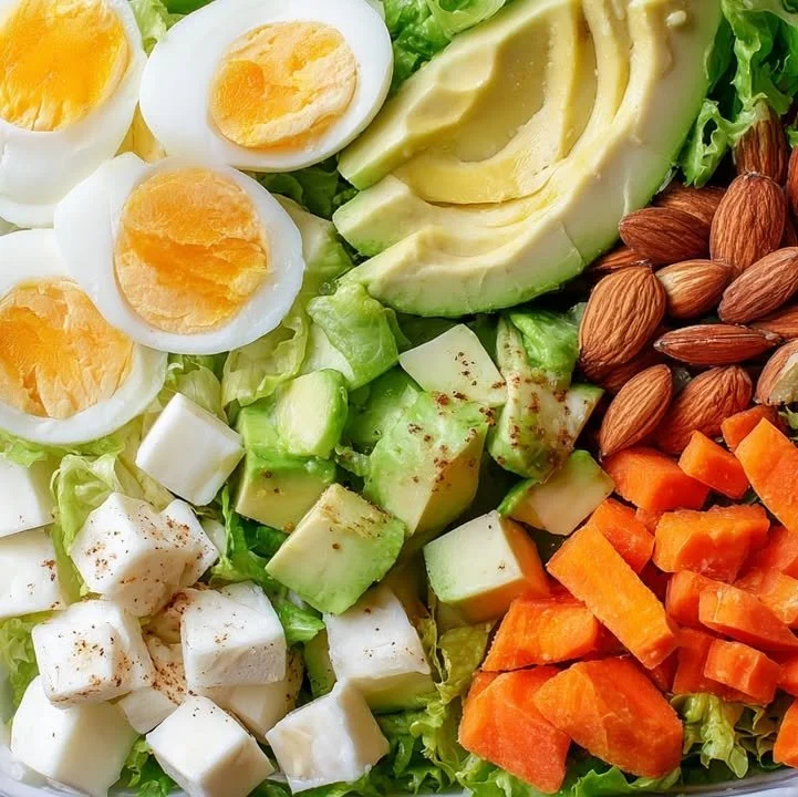 Keto Power Salad with fresh greens, avocado, and nuts for a low-carb meal