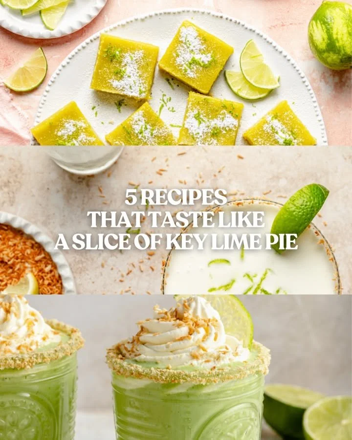 Slice of creamy Key Lime Pie garnished with lime slices and whipped cream.