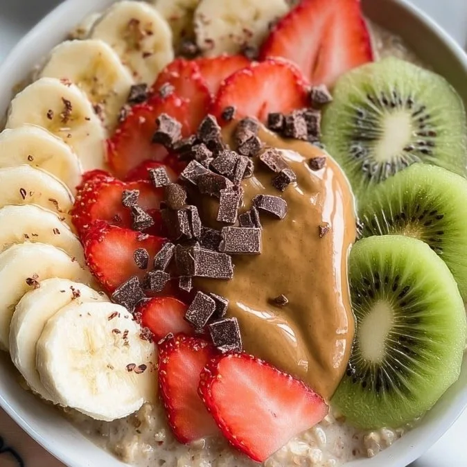 Healthy Kiwi-Banana Oatmeal Bowl topped with fresh fruits and nuts
