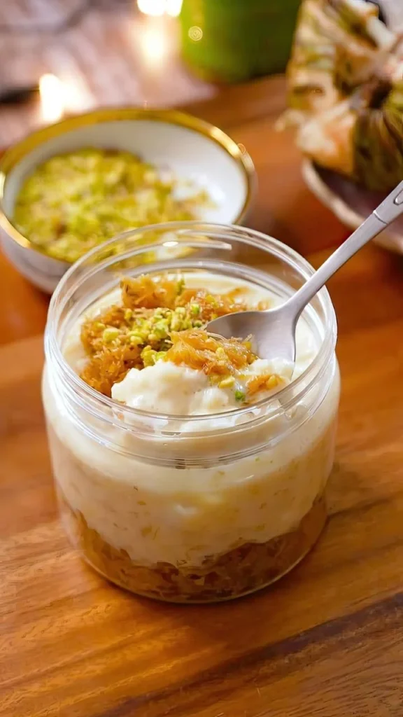 Delicious Kunafa Cream Dessert in a jar, perfect for any occasion.