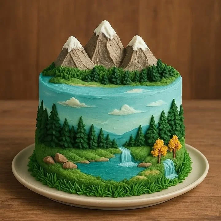Beautiful landscape cake decorated with colorful icing and edible flowers