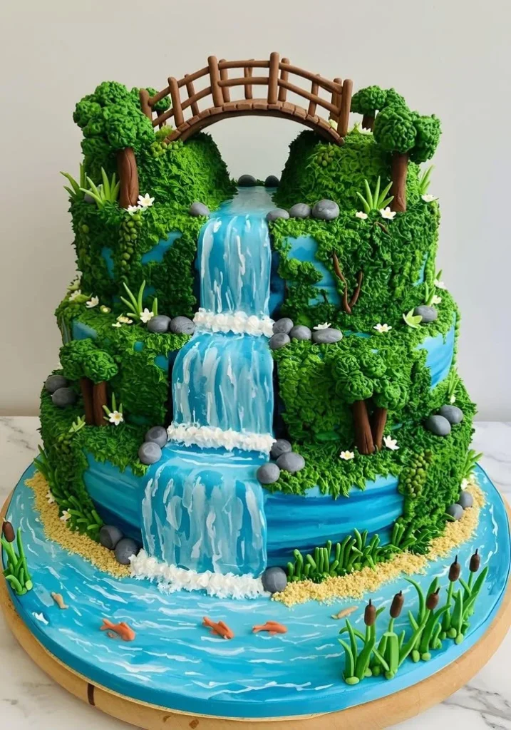 Landscape-themed waterfall cake showcasing intricate design and vibrant colors.