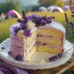 Lavender Cake with Cream Cheese Frosting elegantly presented on a plate