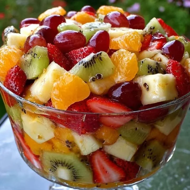 Layered fresh fruit salad with vibrant seasonal fruits in a clear bowl