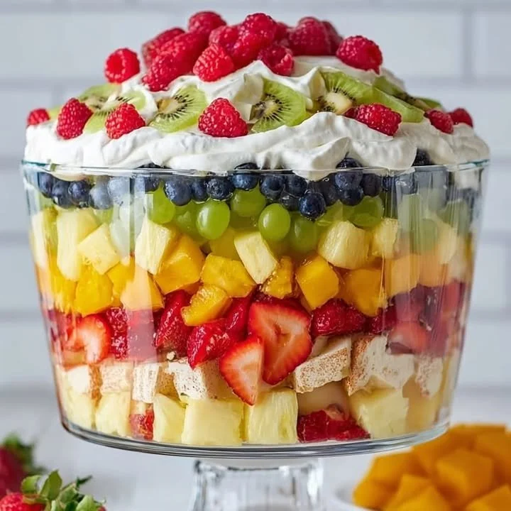 Delicious layered fruit trifle with colorful fruits and creamy layers
