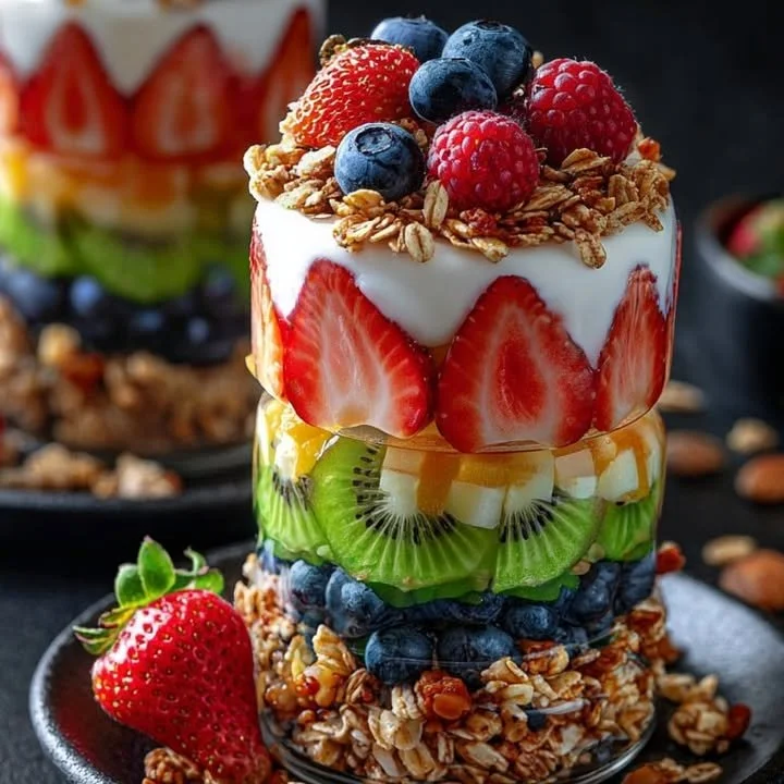 Colorful layered rainbow fruit parfait tower with fresh fruits and yogurt