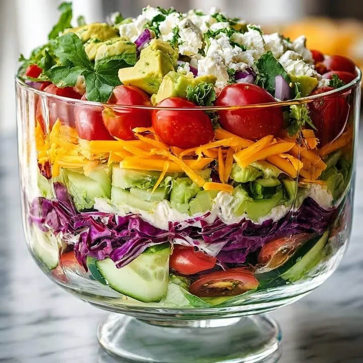 Layered Rainbow Salad featuring colorful layers of fresh vegetables