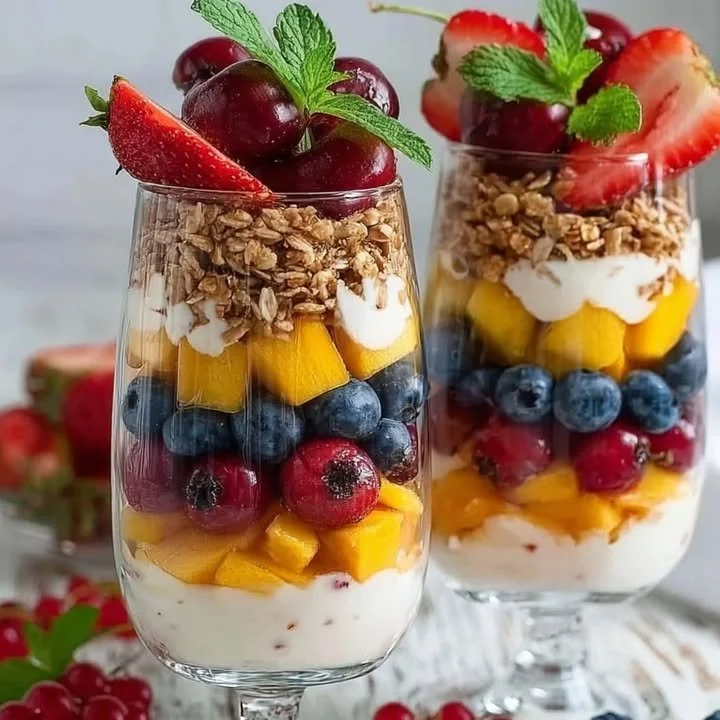 Layered yogurt parfait cups with fresh fruit and granola