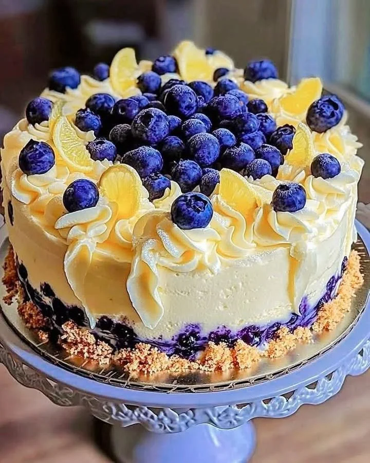 Lemon Blueberry Cheesecake with creamy layers and fresh blueberries on top.