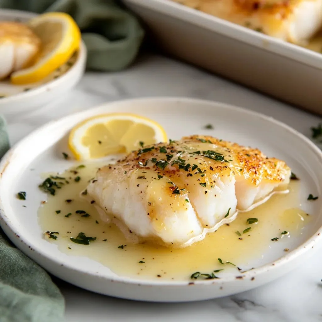 Lemon Butter Cod fillet garnished with lemon slices and herbs